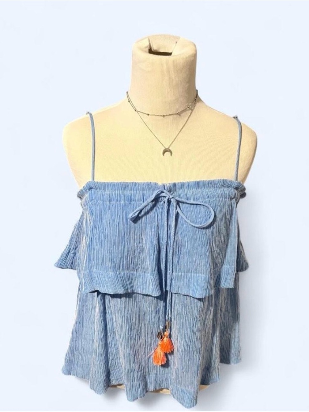 Lilly Pulitzer Light Blue Tiered Spaghetti Strap Camisole with Orange Tassels